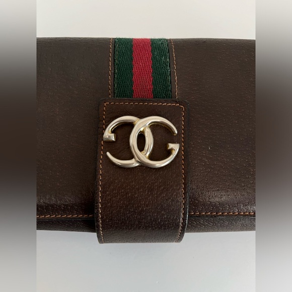 70s’ Vintage GUCCI GG Sylvie Web Sherry Line Brown Leather Clutch Bag - Picture 4 of 15